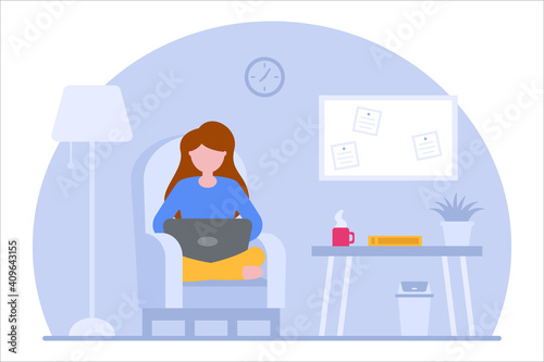 Vector concept of work at home. Freelance girl works on laptop while sitting on an armchair. Remote work online at home in quarantine. Learning concept. Coworking space flat illustration. Covid-19.