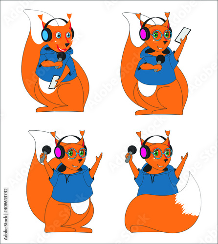 Vector drawing of a singing squirrel in headphones and with a microphone
