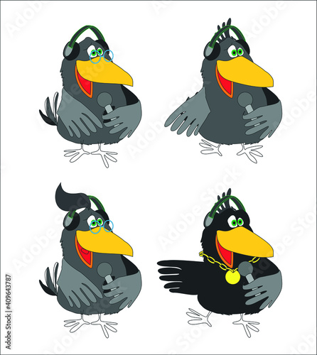 Vector singing bird crow in headphones and with a microphone