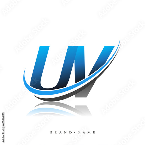 UV initial logo company name colored blue and black swoosh design, isolated on white background. vector logo for business and company identity.