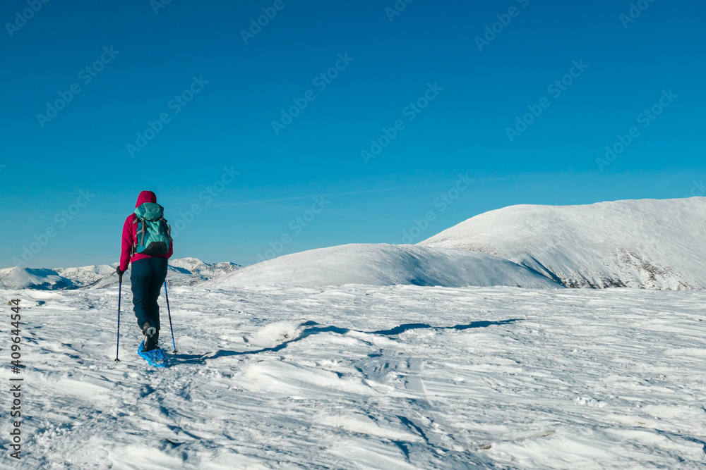 A woman wearing pink jacket and snow shoes hiking up to Amerinkogel's peak in Austrian Alps. Fresh powder snow. Many mountain chains in the back. Winter outdoor activity. Solitude and peace