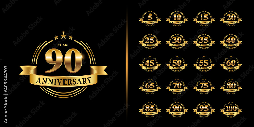 Set of premium anniversary logotype. Golden anniversary celebration emblem design. - obrazy, fototapety, plakaty 