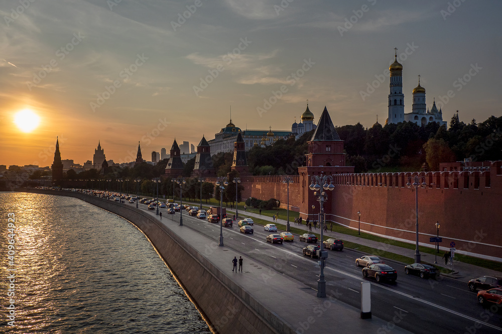 Beautiful sunset view of the center of Moscow. Traffic jam in the city center.