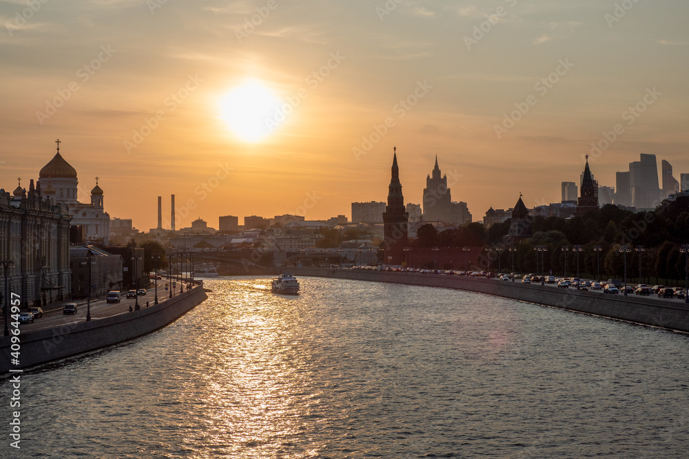 Navigation on the Moscow river. Beautiful evening view of Moscow.