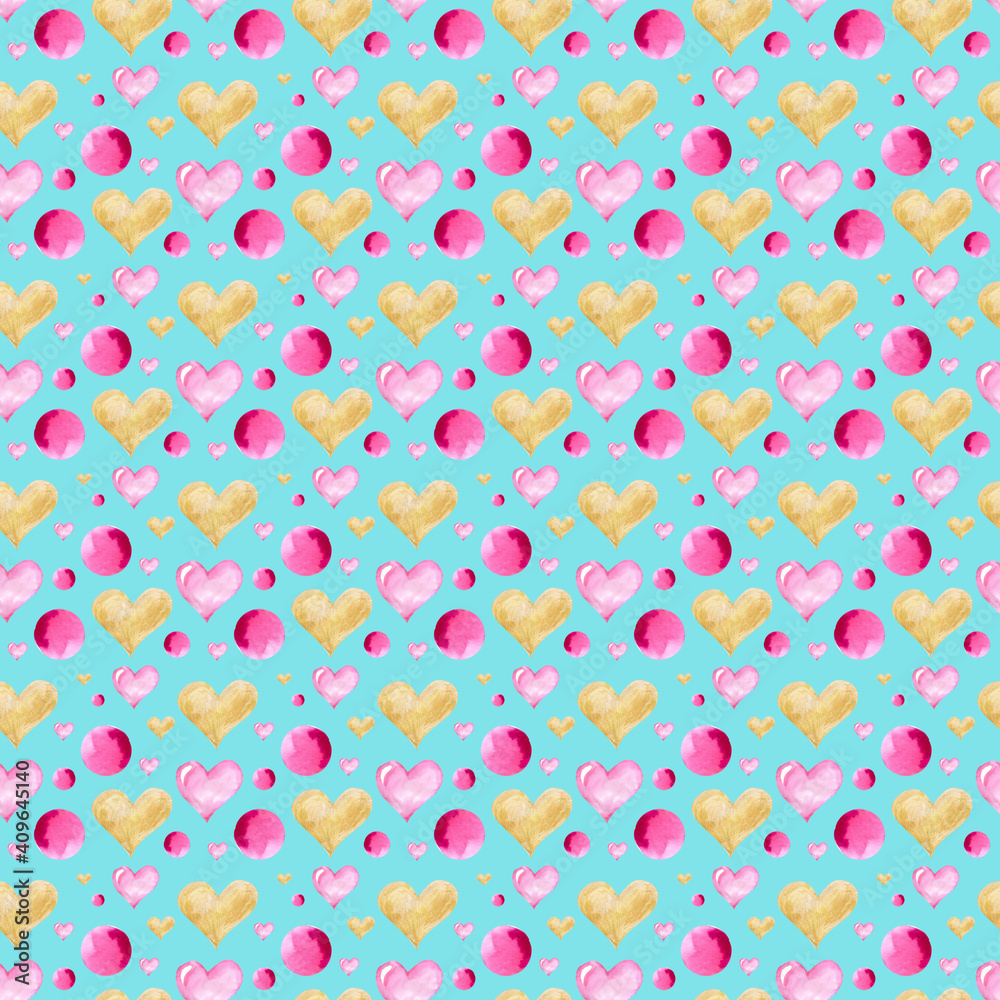 Watercolor illustration. Seamless pattern of pink and gold earrings and graphic elements. Seamless design on a turquoise background 