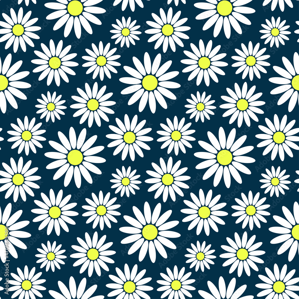 Beautiful colored chamomile flowers isolated on blue background. Cute floral seamless pattern. Vector flat graphic illustration. Texture.