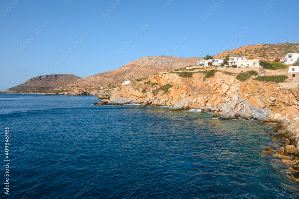 Fototapeta premium Coast of Sikinos, one of the most secluded Greek islands of the Cyclades. Greece