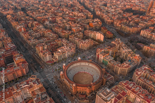 Aerial drone shot of bullring Arena Gran via in Barcelona city center photo