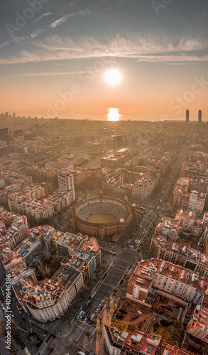 Aerial drone shot of bullring Arena Gran via in Barcelona city center © Davidzfr