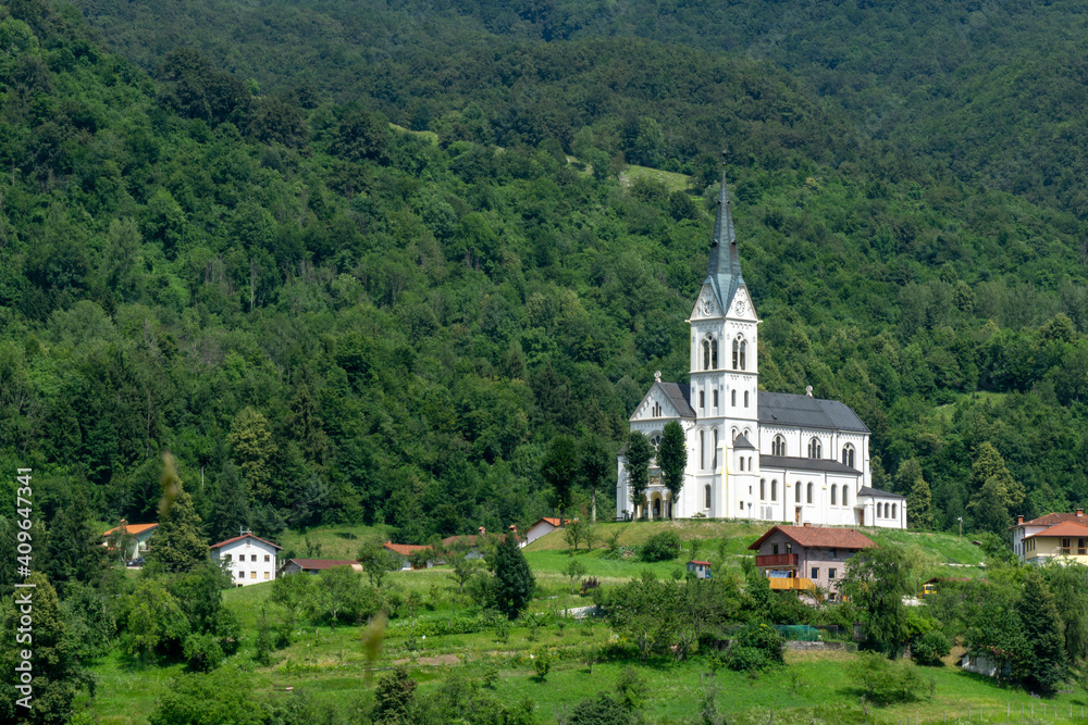 Church of the Sacred Heart and village of Dreznica near Kobarid Slovenia Church of the Sacred Heart and village of Dreznica near Kobarid Slovenia