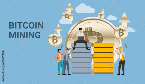 People mining and using electronic devices with floating coins in the sky on giant bitcoin background
