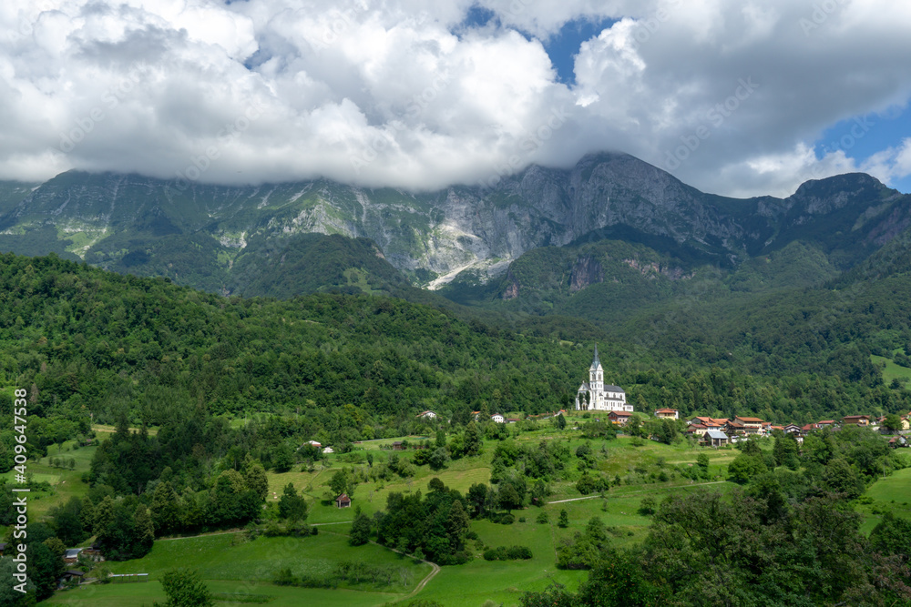Church of the Sacred Heart and village of Dreznica near Kobarid Slovenia