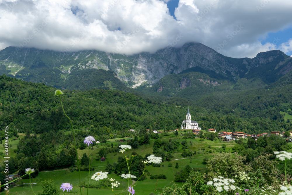 Church of the Sacred Heart and village of Dreznica near Kobarid Slovenia