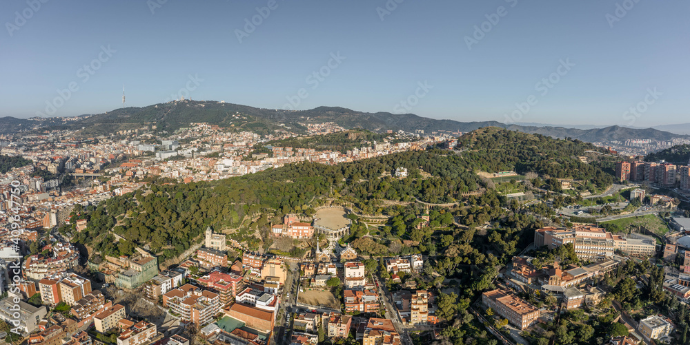 Pano aerial drone shot of Park in Barcelona Hills in morning