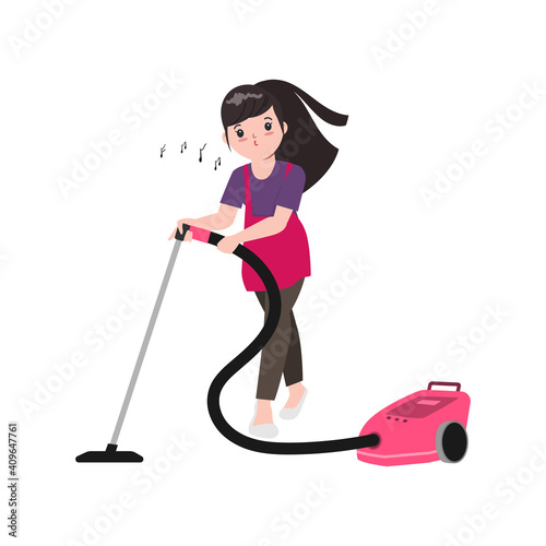 Housewife is cleaning the floor with hoover machine.