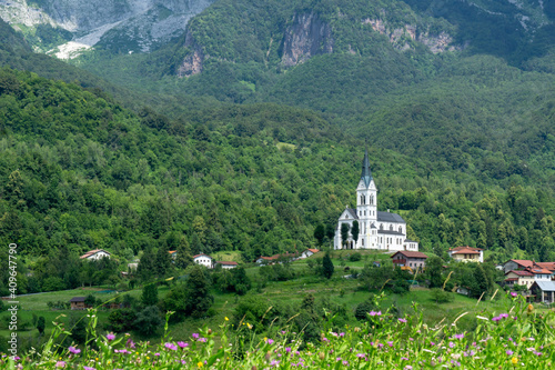 Church of the Sacred Heart and village of Dreznica near Kobarid Slovenia photo