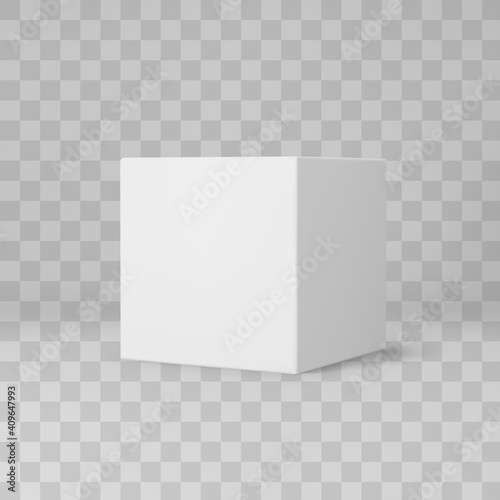 White 3d cube with perspective isolated on transparent background. 3d modeling box with lighting and shadow. Realistic vector icon