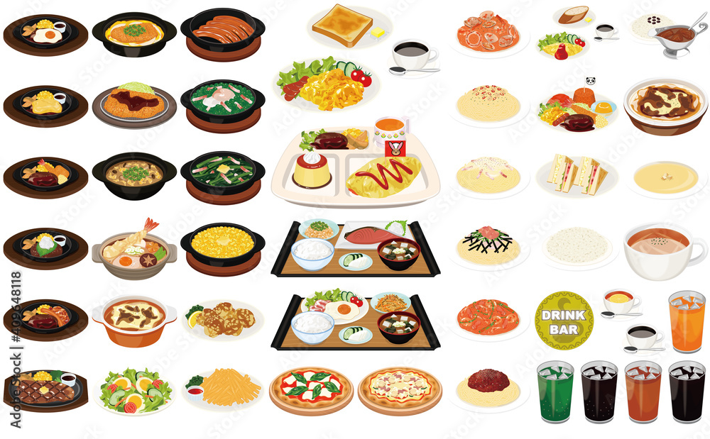 Illustrazione Stock ファミレスの人気料理イラスト ピザ パスタ ハンバーグ モーニング ドリンクバー Adobe Stock