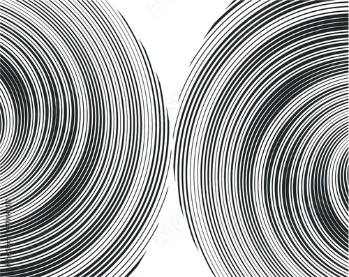  Black halftone dots in vortex form. Geometric art. Trendy design element.Circular and radial lines volute, helix.Segmented circle with rotation.Radiating arc lines.Cochlear