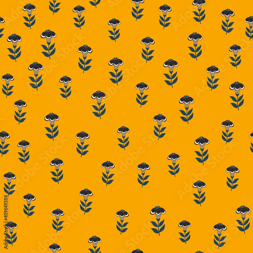 Abstract nature botanic seamless pattern with little flowers folk shapes. Yellow background. Hand drawn print.