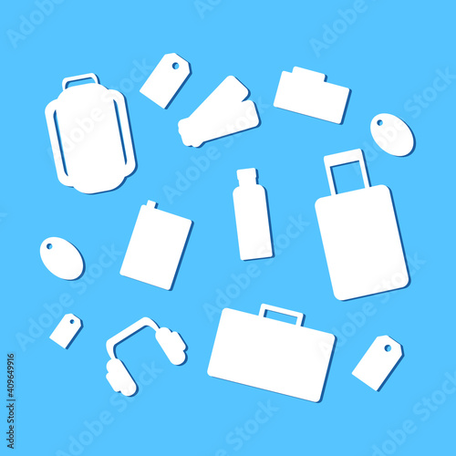 set of catchy lebels and icons on travel theme, created in flat on blue background with shadow, can be used as  an icons or stickers for products design on web, travelling concept