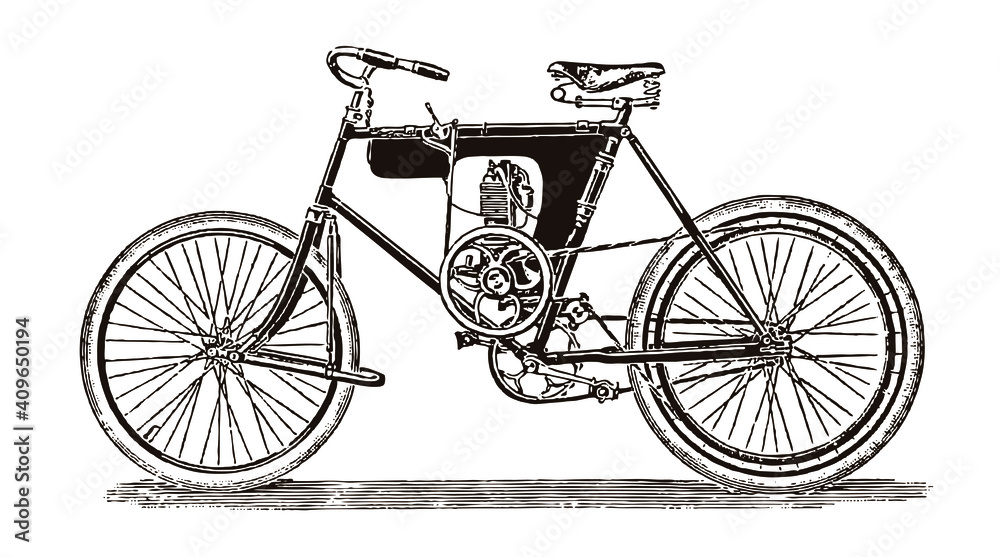 Antique lightweight motorcycle in side view, after an illustration from the early 20th century