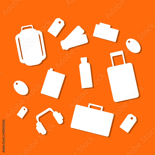 set of catchy lebels and icons on travel theme, created in flat on blue background with shadow, can be used as  an icons or stickers for products design on web, travelling concept