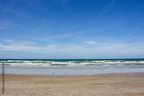 View of the beach with blue sky and white cloud background at Pattaya and Rayong  Thailand.