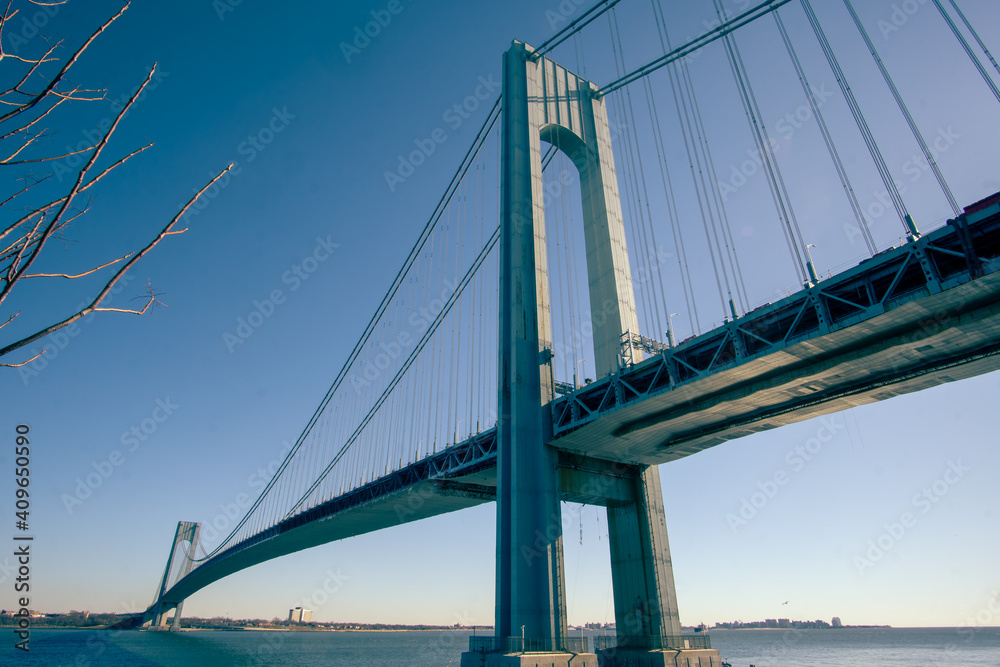 Staten Island, NY - USA - Jan. 30, 2021: A landscape view of the Verrazzano-Narrows Bridge,seen from Fort Wadsworth in the Gateway National Recreation Area