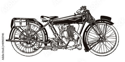 Antique sporty motorcycle in side view, after an illustration from the early 20th century