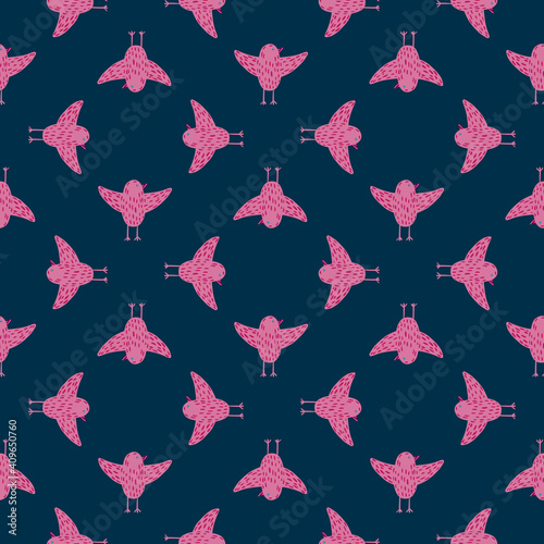 Geometrical seamless pattern with bright pink birds ornament. Navy blue dark background.