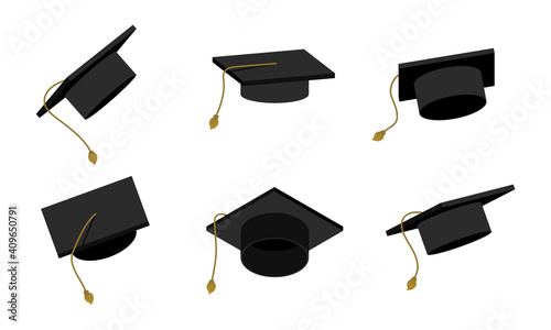 Education graduate cap illustration. College symbol, school or academic hat. Vector set master degree icon.