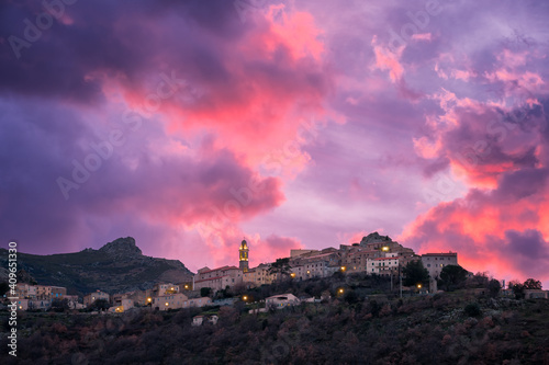 Dramatic sunset over Speloncato in Corsica
