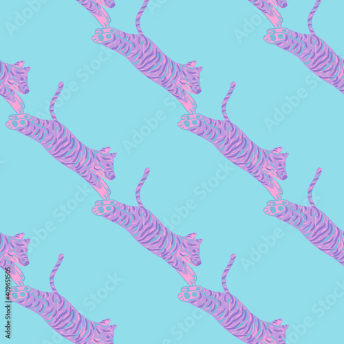Geometric seamless pattern with pink tiger doodle print. Blue bright background. Doodle design.