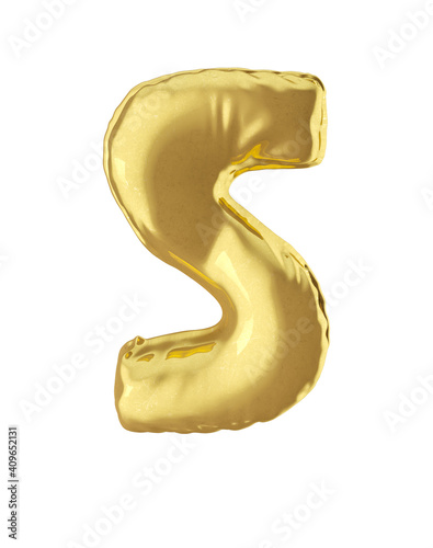 Letter S. Balloon alphabet 3d render golden.