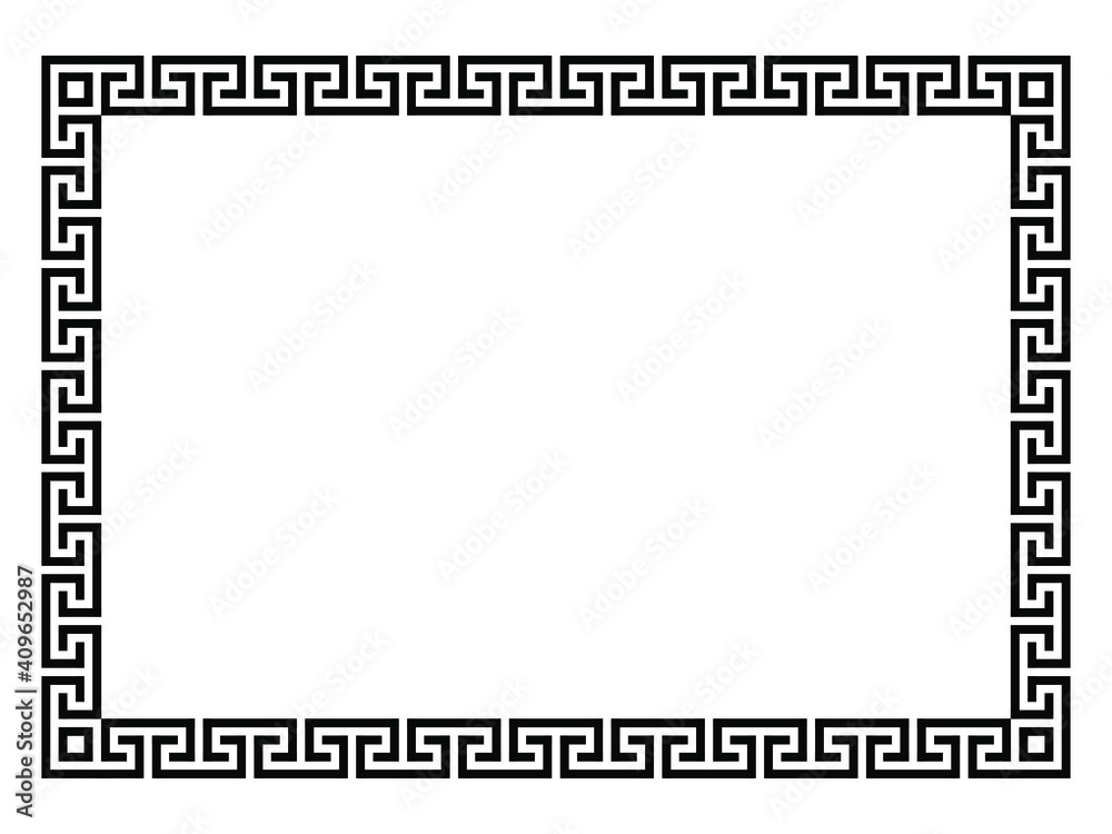 Square frame with seamless winding pattern. Meandros, decorative frames, are built from continuous lines, formed into repeated motifs. Greek fret or Greek key. Vector illustration.