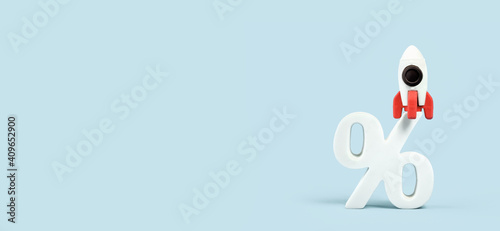 Financial growth concept. Rocket on percentage sign. Income boost. Savings cashback or sale concept banner with copy space