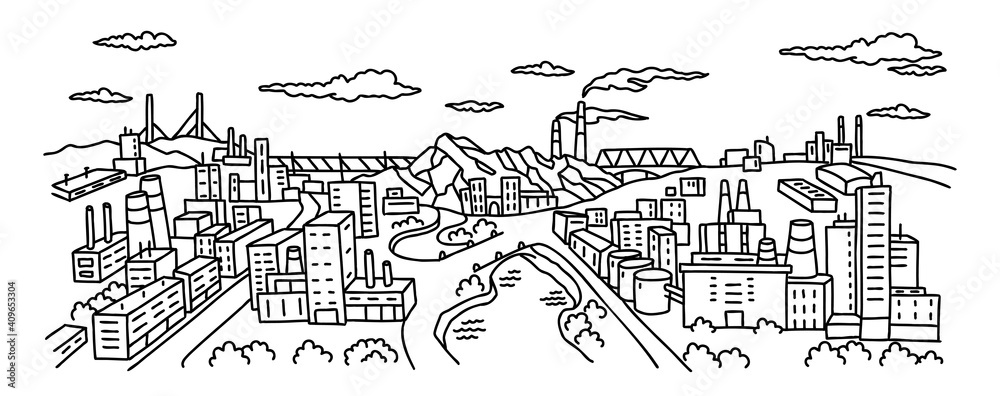 Obraz premium Industrial city suburb landscape. Buildings and pipes. Manufacturing factories. Hand drawn sketch. Contour vector line.
