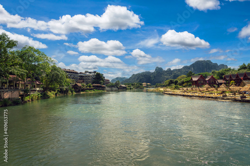 High Angle View of Landscape at Nam song in Vang vieng, Laos.