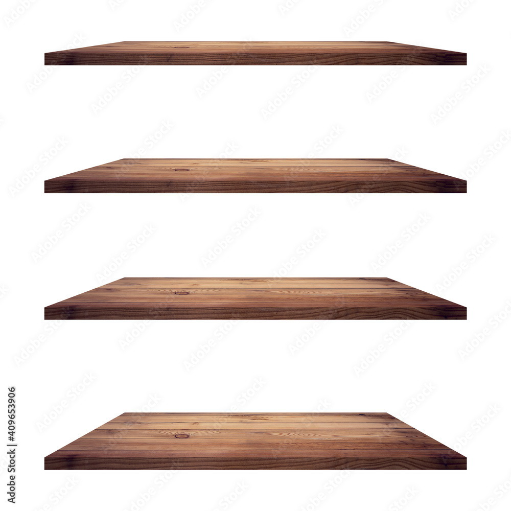 4 Wood shelves table isolated on white background and display montage for product. 4 Wood shelves table isolated on white background and display montage for product.