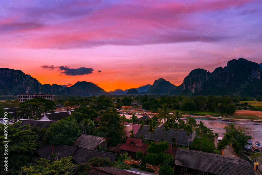 High Angle View and beautiful sunset at Vang Vieng, Laos.