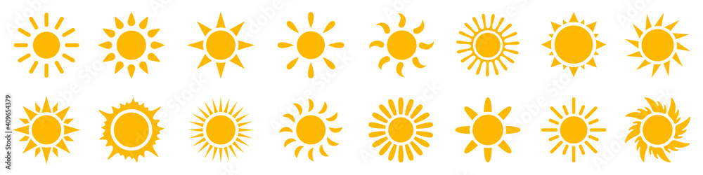 Set sun icons sign, solar isolated icon, sunshine, sunset collection, summer, sunlight – stock vector
