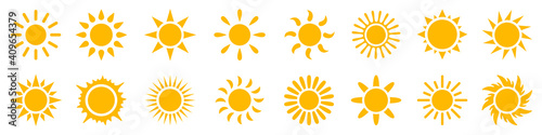 Set sun icons sign, solar isolated icon, sunshine, sunset collection, summer, sunlight – stock vector