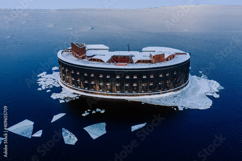 Aerial view of the fort of Alexander the First in Kronstadt. Winter. Defensive structures in the Gulf of Finland. An artificial island south of Kotlin Island. photo