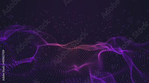 Background big data visualization futuristic technology. Abstract Music background. Beautiful motion waving dots texture with glowing defocused particles. 3d rendering