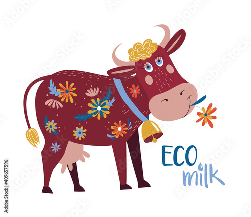 Cute cow with flowers as a symbol of fresh, healthy, eco, farm milk products. Vector illustration, eps8