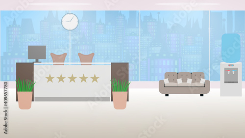 Reception interior. Hotel reception counter. Business office, hotel or bank interior, and waiting area. Flowers, sofa, windows, cooler. Flat style. Hotel reception counter. Stock vector illustration.