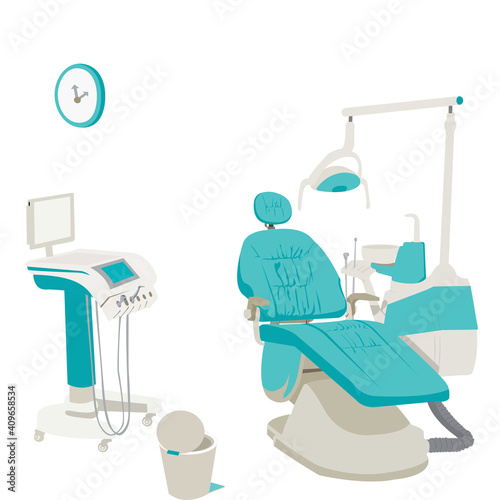 Dental office. Dental equipment .Disease teeth. Prevention and treatment of caries. Dental room. Vector illustration flat design concept on white background from Dentist collection. Suitable for use .