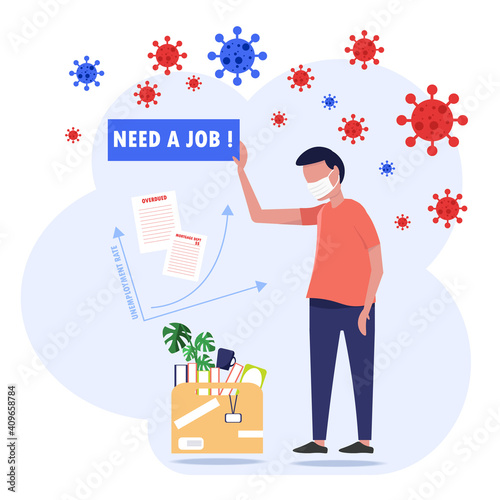 A worker losing job due to COVID 19 pandemic, staff finding a job during coronavirus outbreak, business in recession and bankruptcy, unemployment concept affected by virus