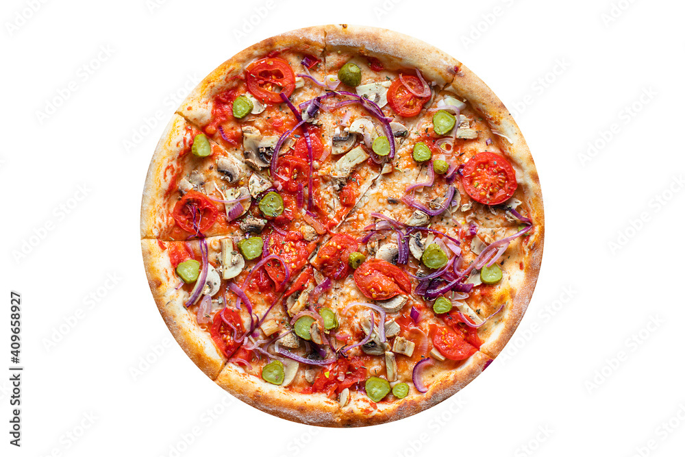pizza vegetables tomato, onion, pickles, mushrooms, etc. vegan or vegetarian food ready to eat portion on the table for healthy meal snack outdoor top view copy space food background rustic 
